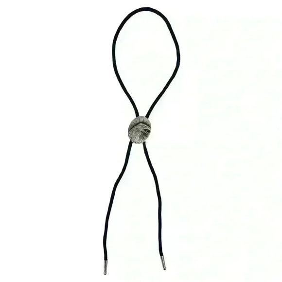 Boho Southwestern Black Bolo Tie - Silver Metal Eagle Head, Retro Cowboy Style - Picture 2 of 11
